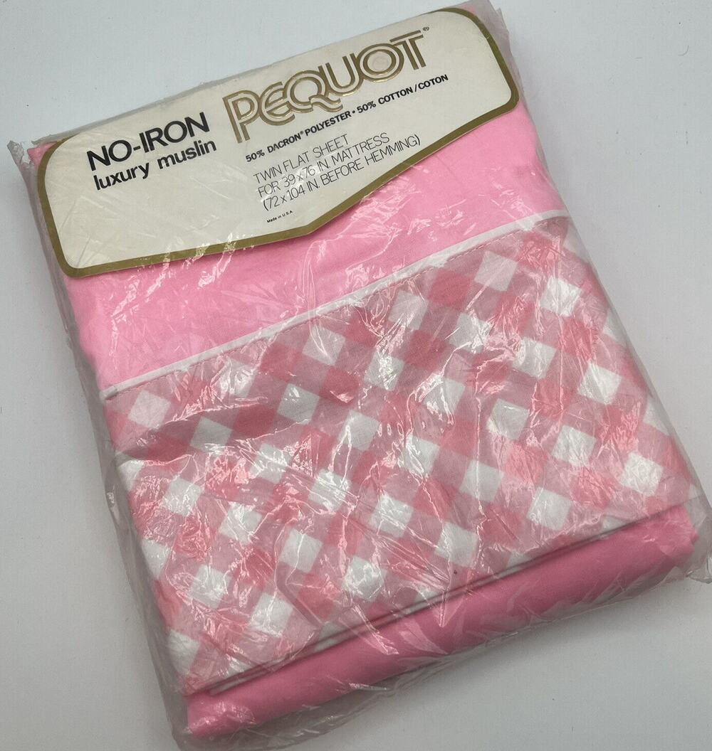 Vtg Pequot Pink Checkered Twin Flat Sheet Muslin Checkmates 39x76 Cottage Retro